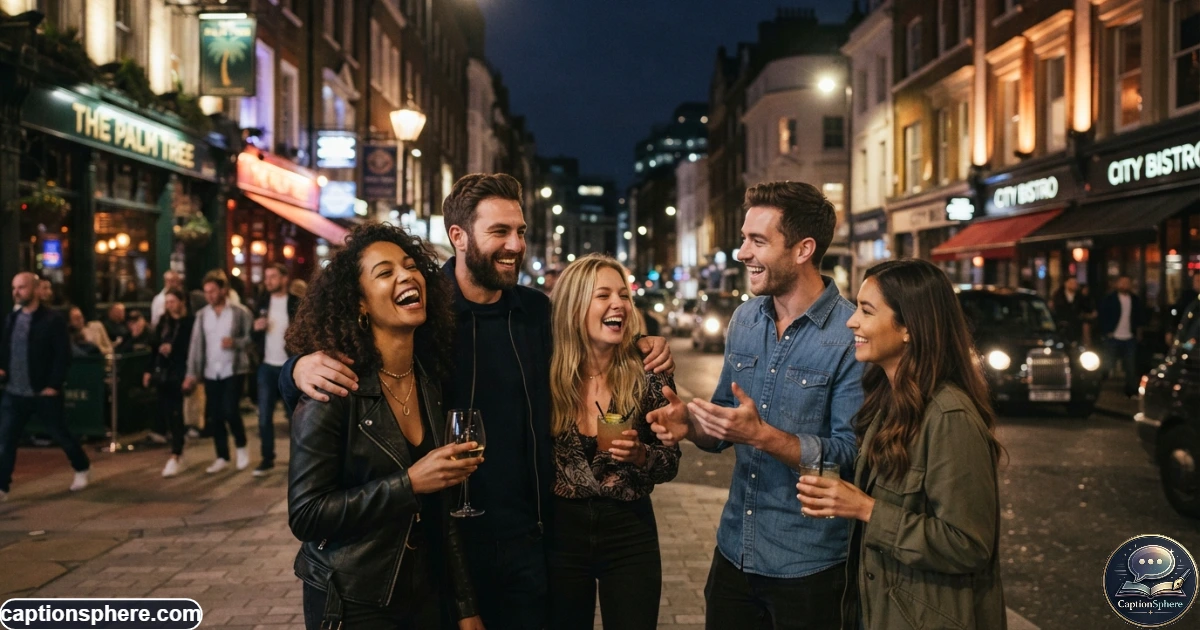 Friends enjoying a stylish evening together beneath city lights