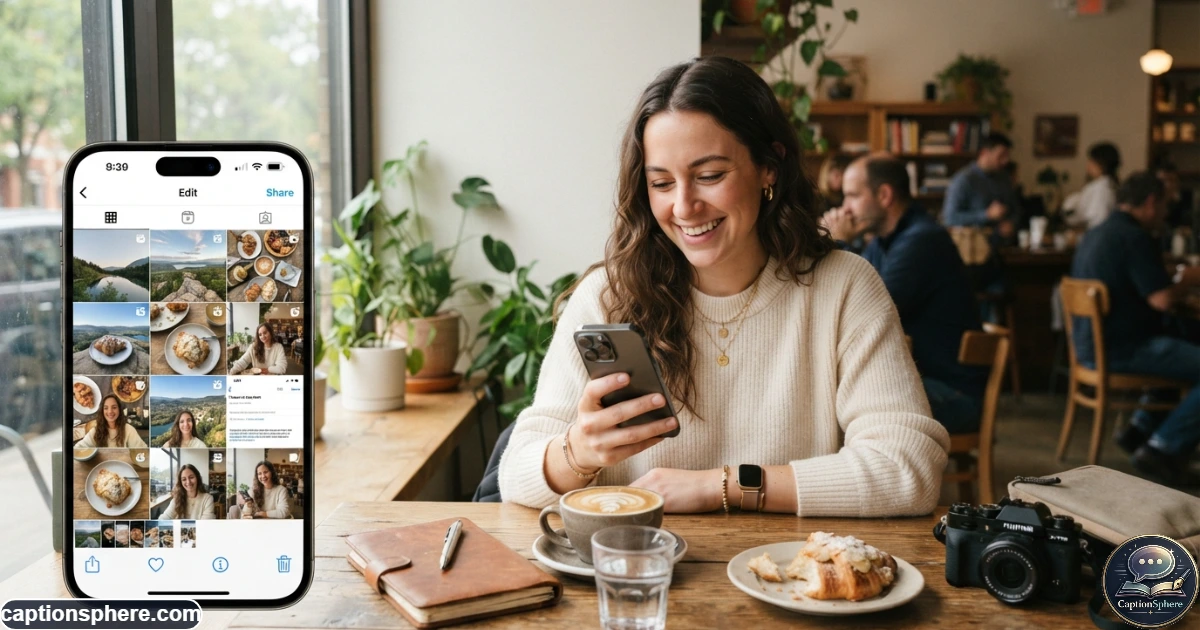 Image Prompt: Create a realistic 16:9 editorial lifestyle photograph of a young adult sitting in a bright modern café, reviewing photos on a smartphone before posting to Instagram. Include a natural coffee-table setting, subtle travel and everyday-life visual details, relaxed expression, and authentic candid composition. Leave clean negative space across the top-middle for a bold heading. No logos, watermark, subtitle, or promotional text.