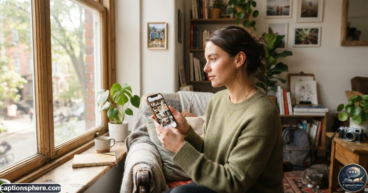 Create a realistic 16:9 editorial image of a person sitting beside a window, scrolling through a smartphone photo gallery and deciding what to post. Show several everyday photo themes subtly reflected around them, with natural daylight and an authentic lifestyle mood. Leave clean top-middle negative space for a heading. No logos or watermark.