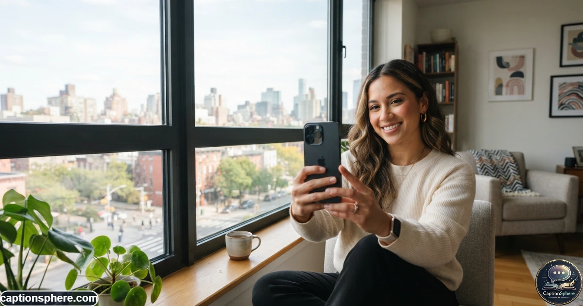 Create a realistic 16:9 editorial lifestyle photograph of a young adult taking a casual smartphone selfie near a large apartment window. Use natural daylight, an authentic relaxed expression, realistic surroundings, and modern everyday styling. Compose the scene with clean negative space at the top-middle for a heading. No visible logos, watermark, or extra text.