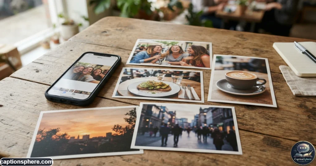 Image Prompt: Create a realistic 16:9 editorial photograph showing a smartphone beside printed-style visual moments representing an everyday photo dump: friends, coffee, food, a city walk, and a casual sunset. Keep the composition stylish but natural, with varied imagery and clean top-middle space for a heading. No logos, watermark, or promotional text.
