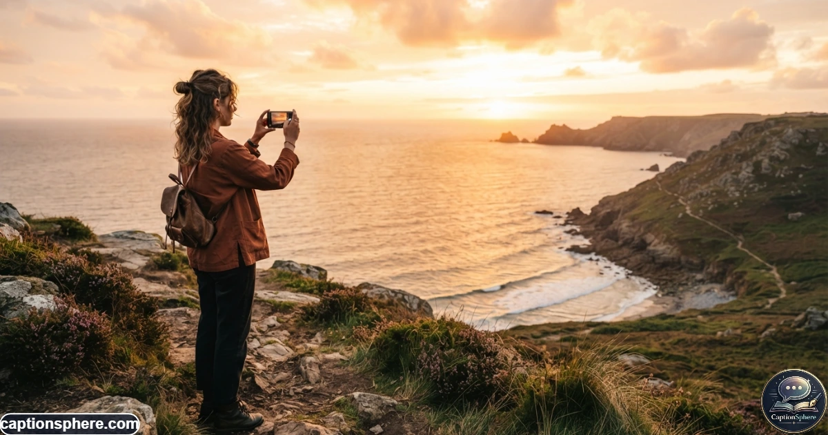 Image Prompt:
Create a realistic 16:9 editorial travel photograph of a traveler standing near a beautiful coastline at golden hour, holding a smartphone while photographing the sunset. Include natural clothing, believable landscape details, warm evening atmosphere, and cinematic depth. Leave clean negative space at the top-middle for a heading. No logos, watermark, or text.