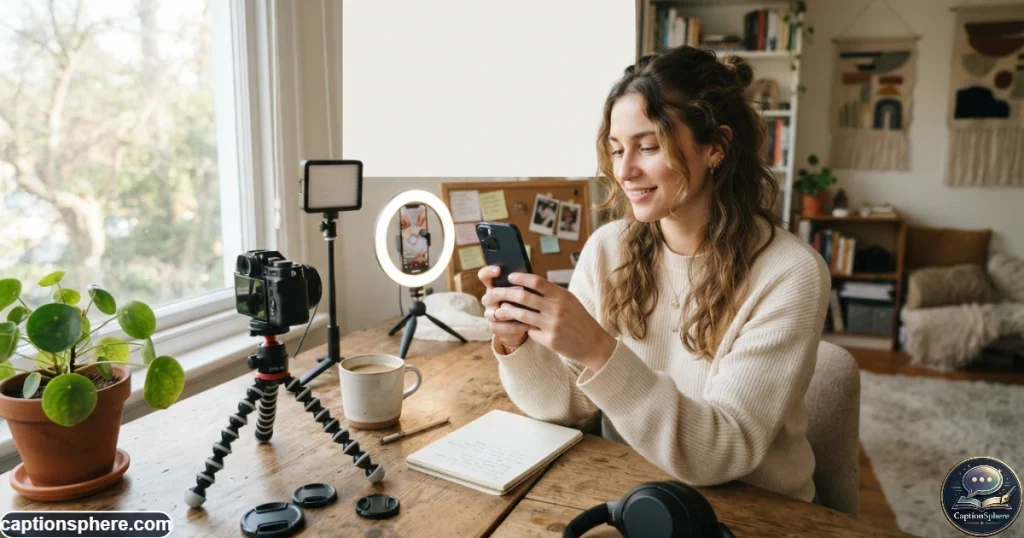 Image Prompt:
Create a realistic 16:9 editorial lifestyle photograph of a content creator at a bright home workspace preparing short-form Instagram content on a smartphone. Show a natural creative setup with subtle photography accessories, relaxed concentration, and authentic surroundings. Leave clean top-middle negative space for a heading. No visible logos, watermark, or promotional text.