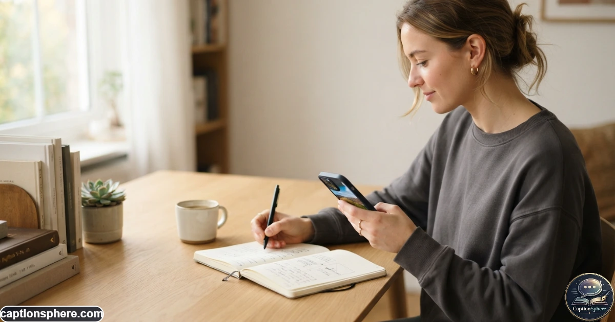 Create a realistic 16:9 editorial lifestyle photograph of a person sitting at a simple desk, reviewing a photo on a smartphone while writing a natural caption in a notebook. Show thoughtful but relaxed body language, soft daylight, realistic stationery, and an uncluttered environment. Leave clean top-middle space for a heading. No logos, watermark, or extra text.
