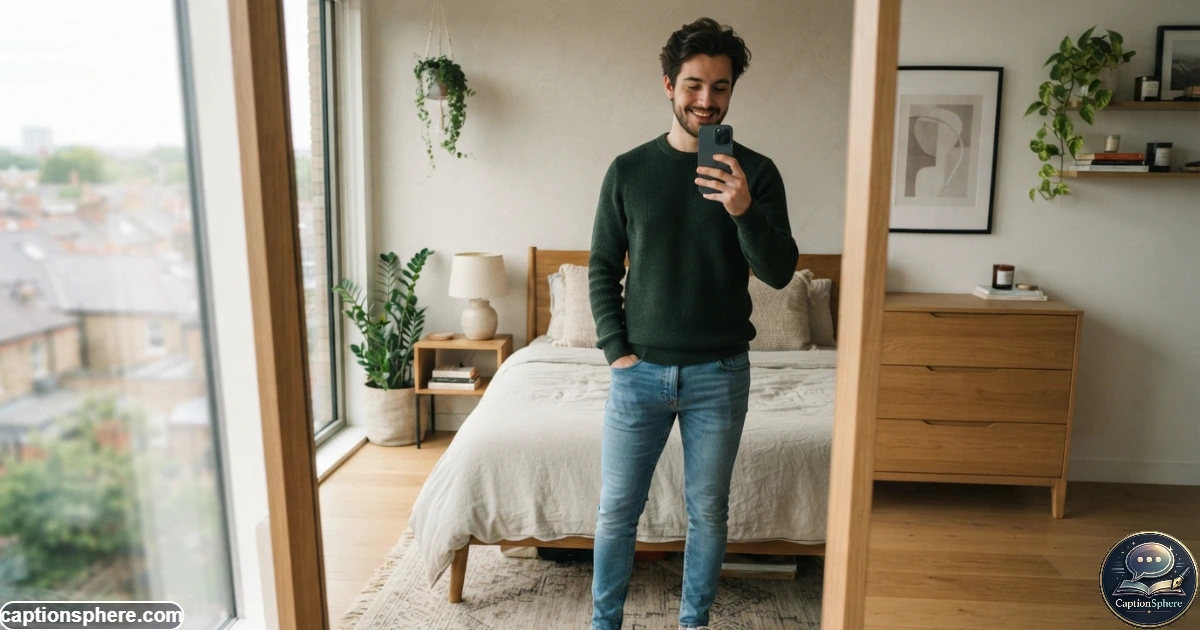 Young man taking a casual mirror selfie in a modern bedroom