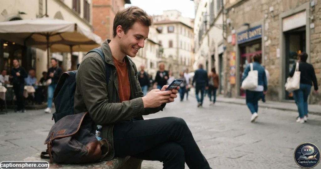 Young man capturing casual travel moments with his smartphone outdoors