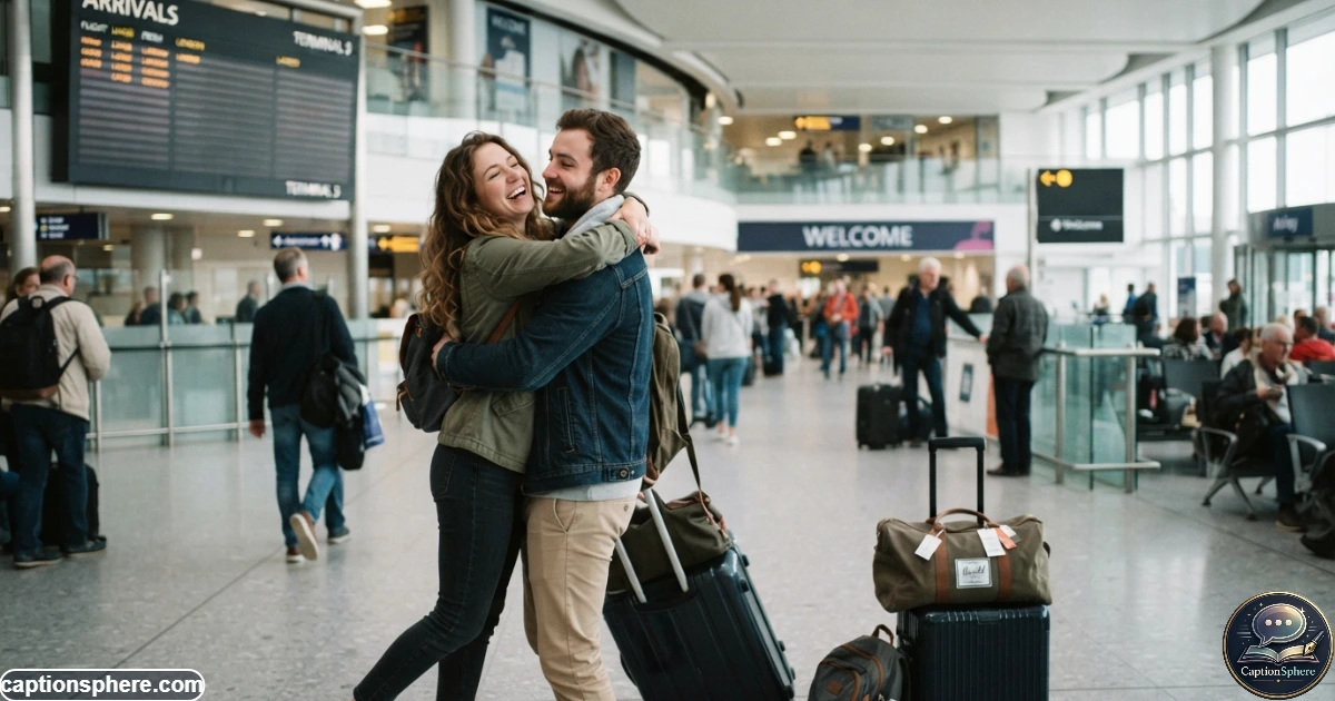Long-distance couple sharing a warm reunion hug after time apart