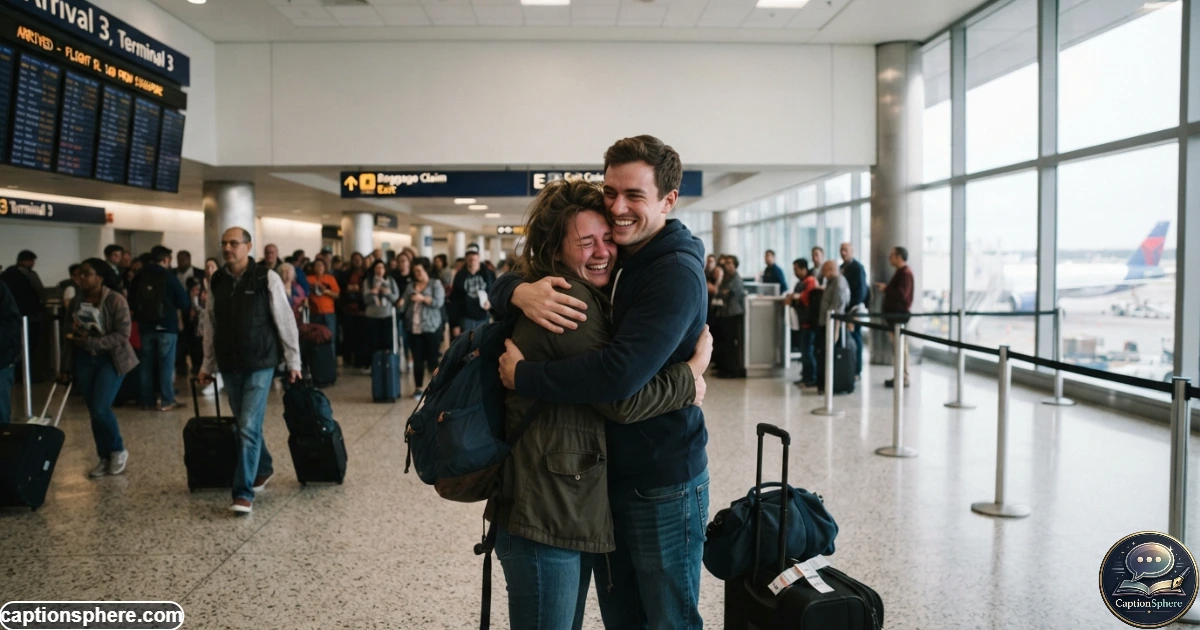 Happy couple embracing at an airport after a long-distance separation