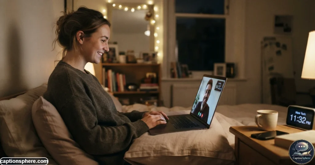 Person smiling during a late-night video call with a long-distance partner
