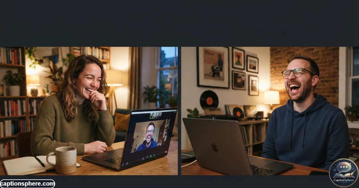 Two longtime friends laughing together during a video call from different homes