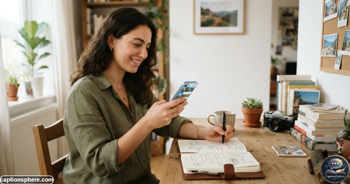 Person creating a personal caption while looking through shared travel photos on a phone