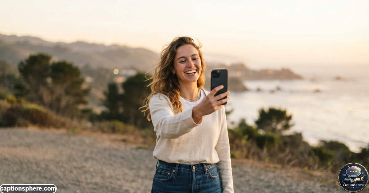 Young woman taking a natural selfie outdoors during soft evening light