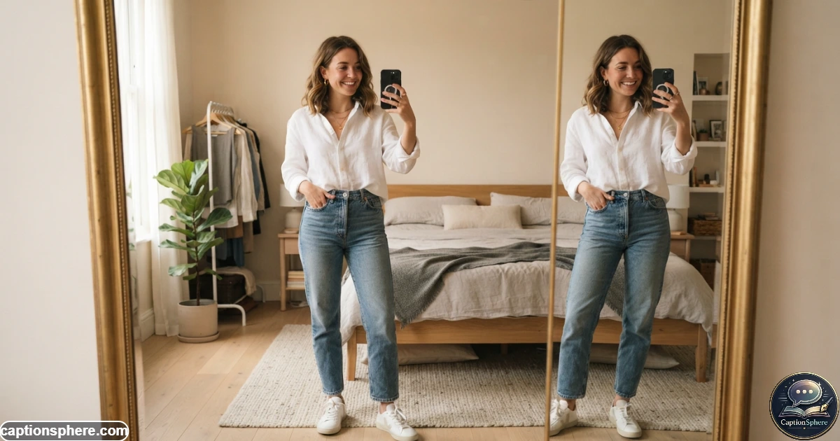 Young adult taking a stylish full-length mirror selfie while checking an outfit