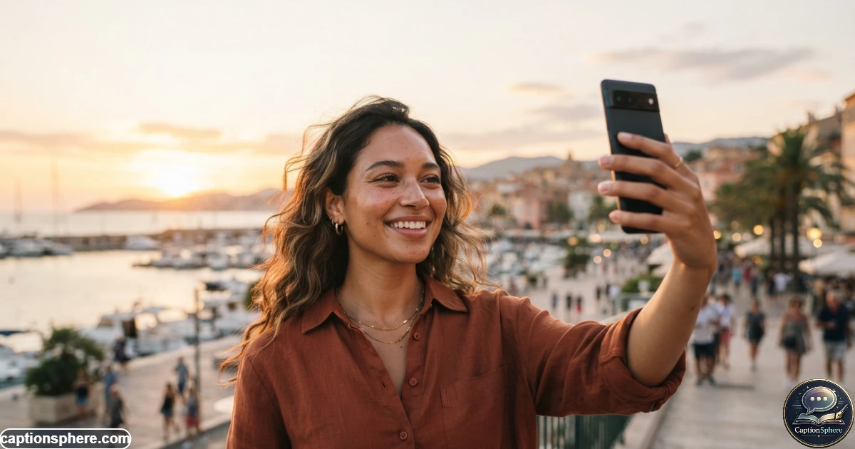Young woman taking a glowing selfie outdoors during warm golden-hour sunlight