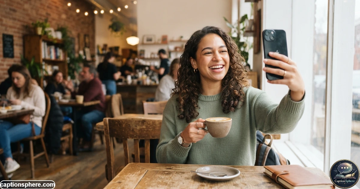 Young adult taking a casual coffee selfie while relaxing at a neighborhood cafe