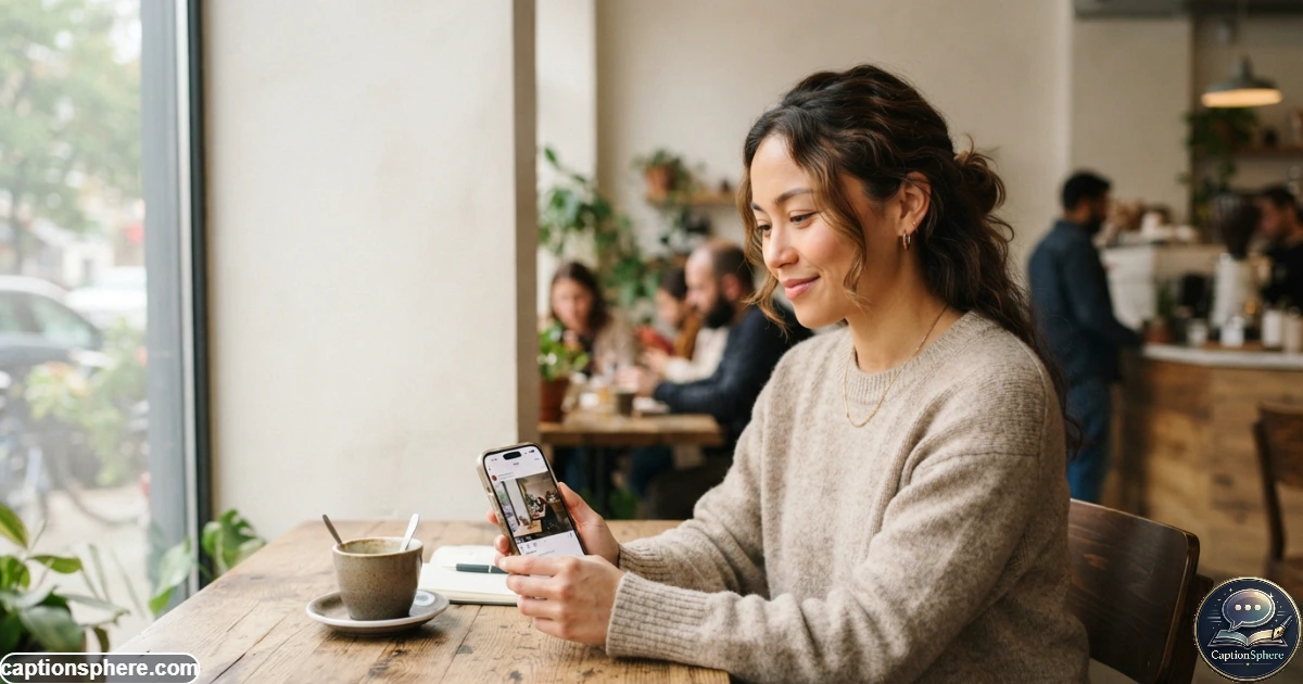 Person choosing an Instagram post caption on a smartphone beside a photo