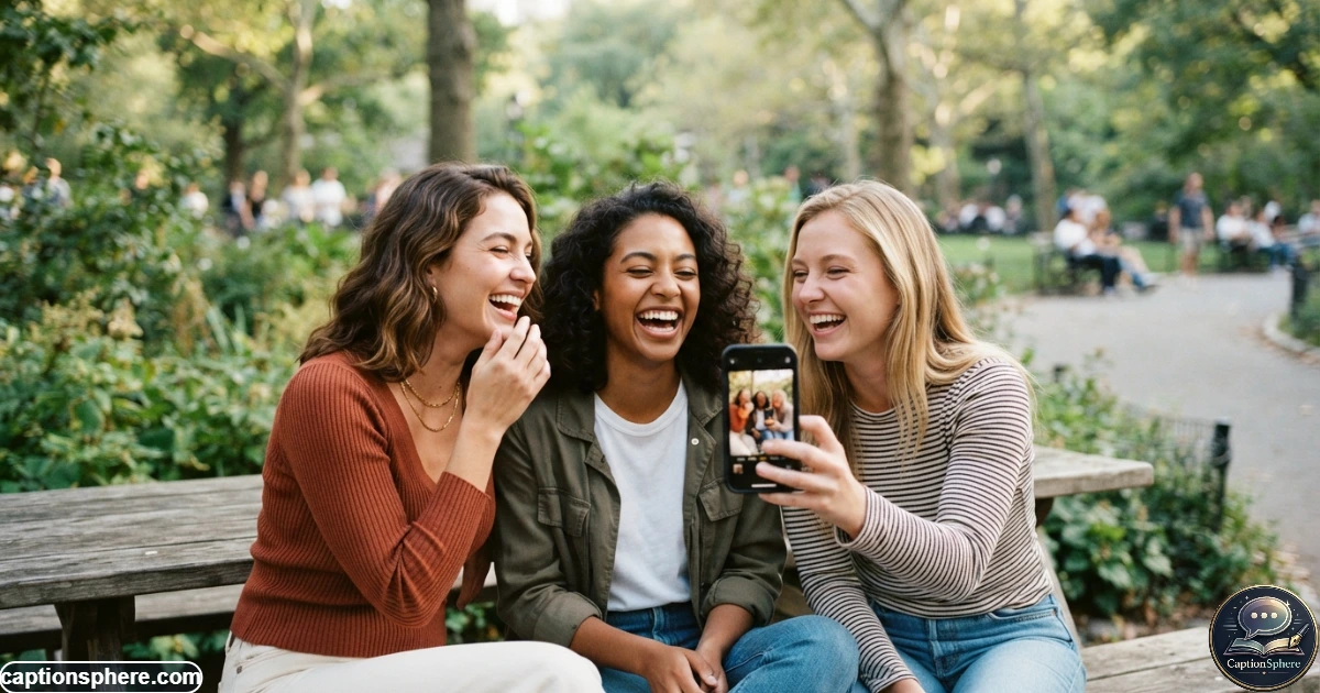 Friends laughing together while taking a playful photo for an Instagram post