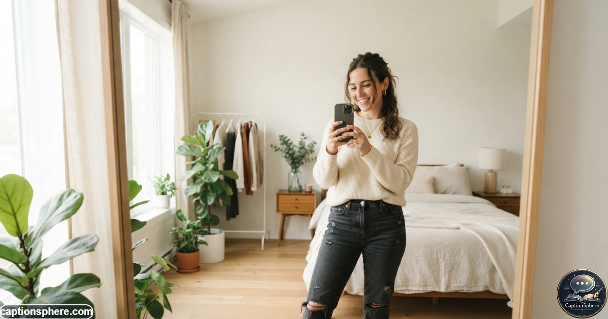 Young adult taking a natural mirror selfie in a bright modern room