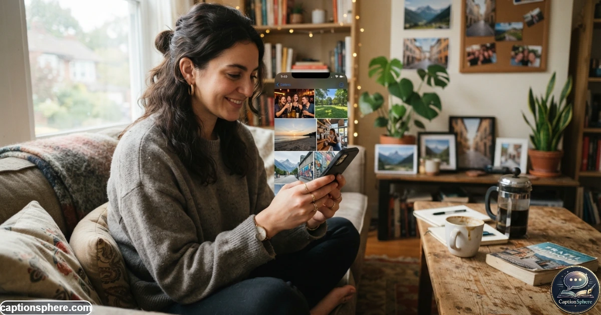 Person reviewing a collection of everyday photos on a smartphone for an Instagram post