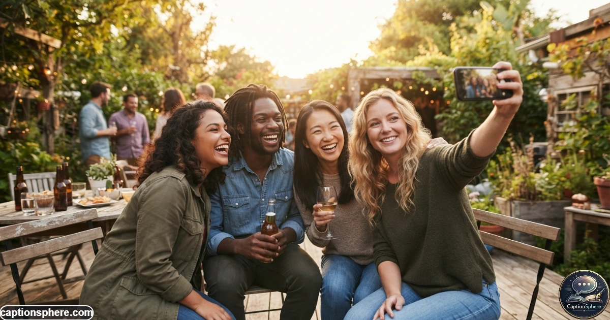 Group of friends smiling together during a casual outdoor photo moment