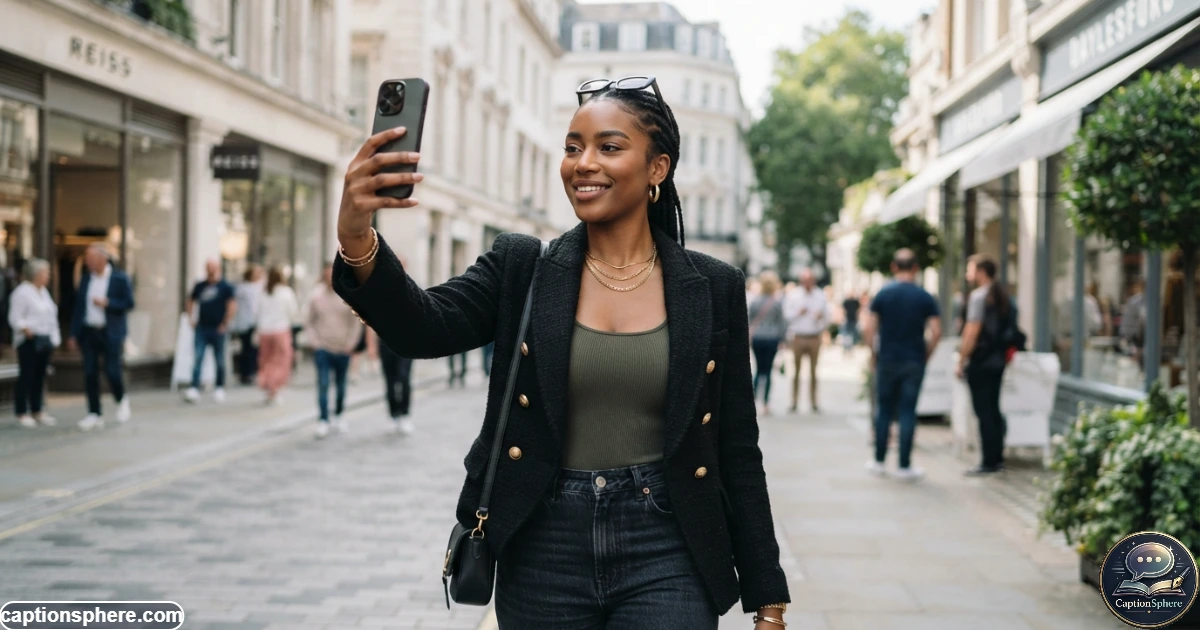 Confident woman taking a stylish selfie outdoors in modern editorial fashion