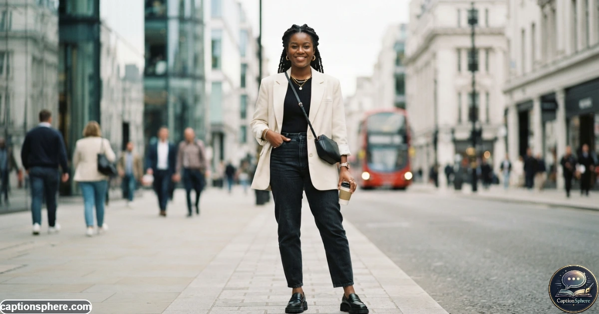 Stylish confident woman posing outdoors with a relaxed expression and modern outfit