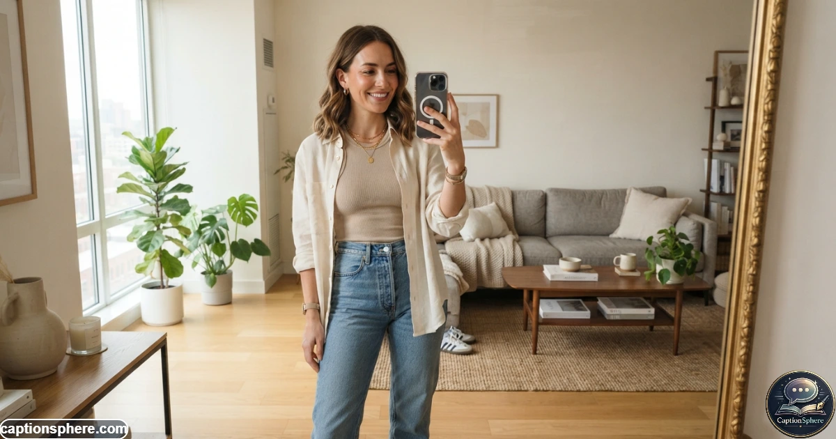Woman taking a fashionable mirror selfie in a bright modern room