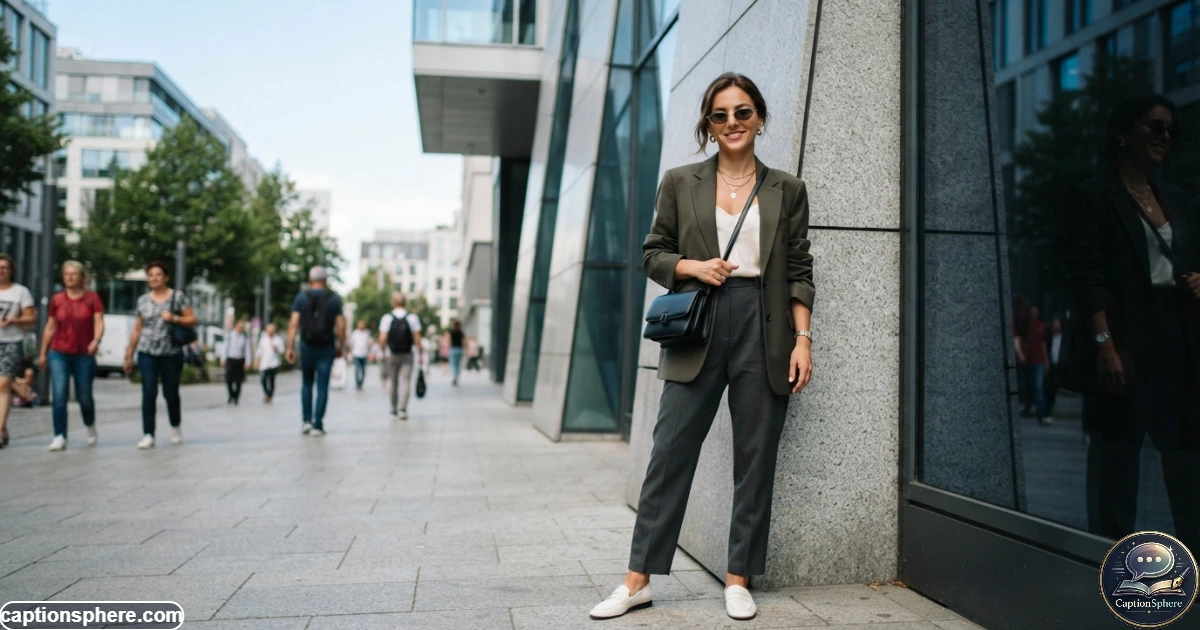 Fashionable woman showing her stylish outfit during an urban street photo