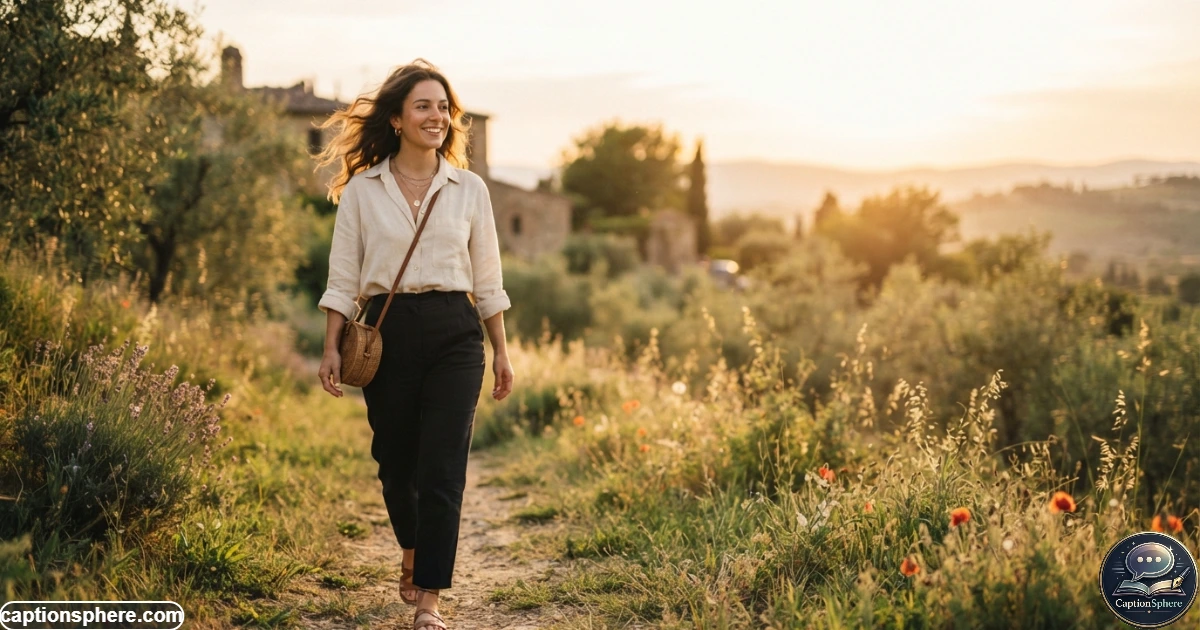 Woman posing during golden hour with soft light and an aesthetic atmosphere