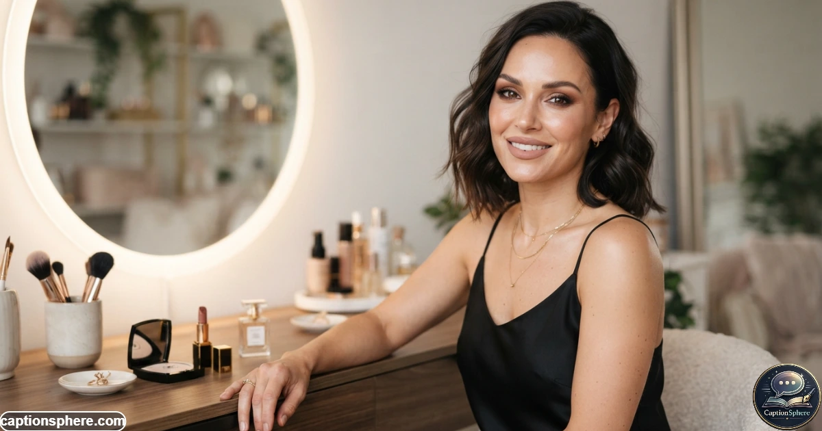 Woman with polished glam makeup posing confidently for a beauty editorial portrait