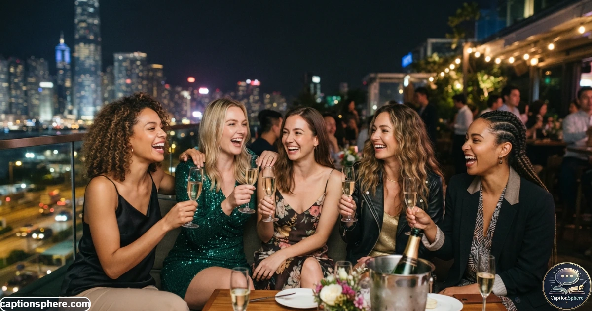 Stylish friends celebrating together during a glamorous evening city outing