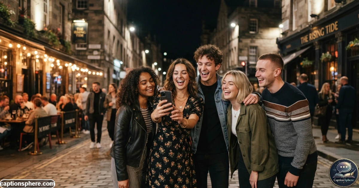 Friends capturing stylish social media moments together during an evening outing