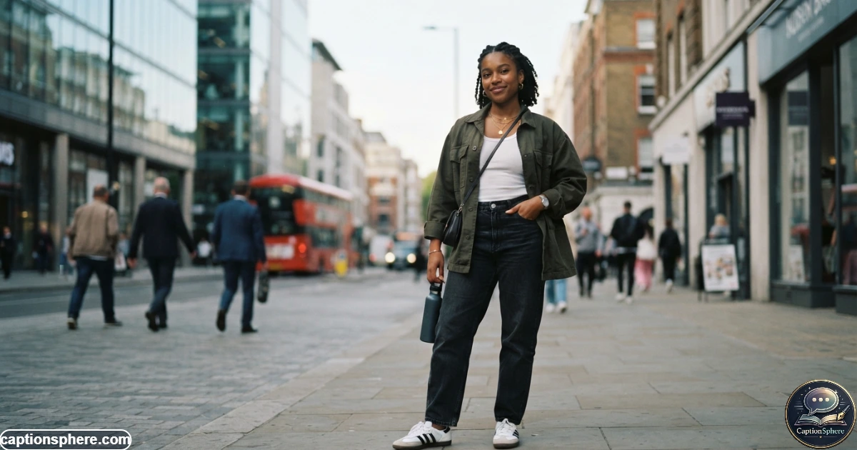 Confident person posing outdoors with relaxed expression and modern streetwear