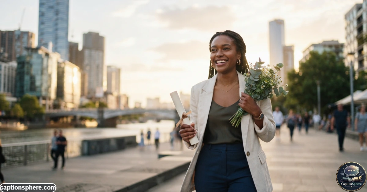 Young adult celebrating a personal achievement outdoors with confident smile