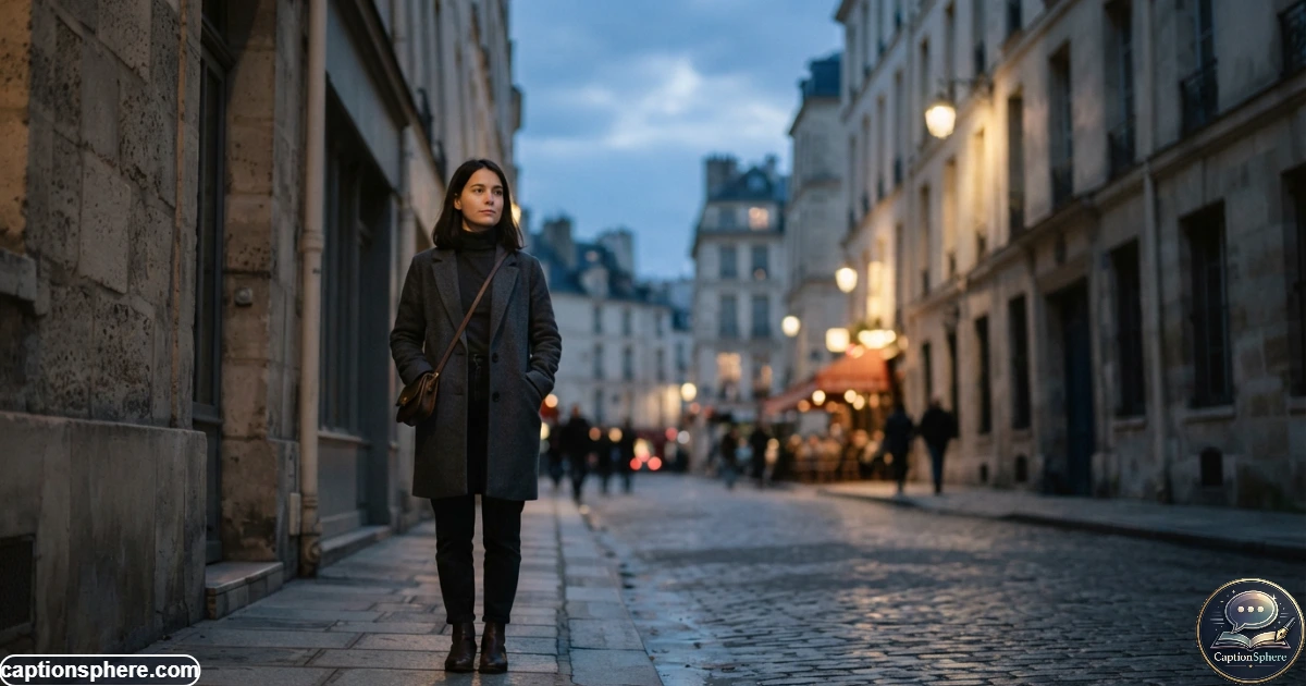 Calm person standing alone outdoors during a quiet evening city scene