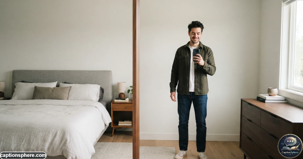 Young man taking a casual mirror selfie in a modern bedroom