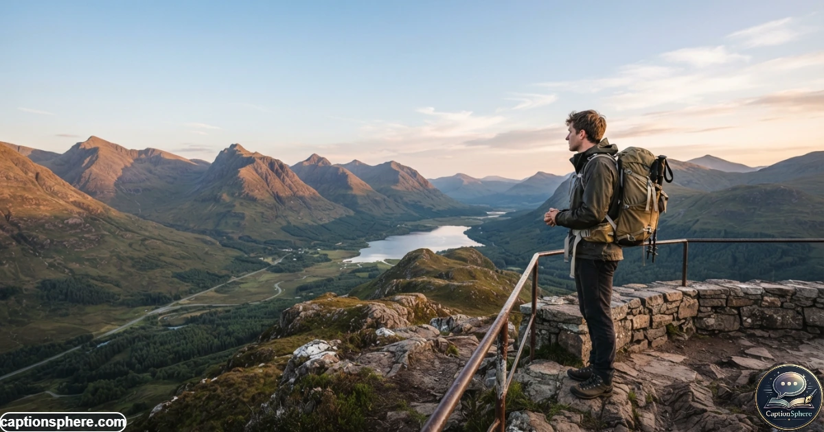 Young man with backpack enjoying a scenic mountain landscape during travel