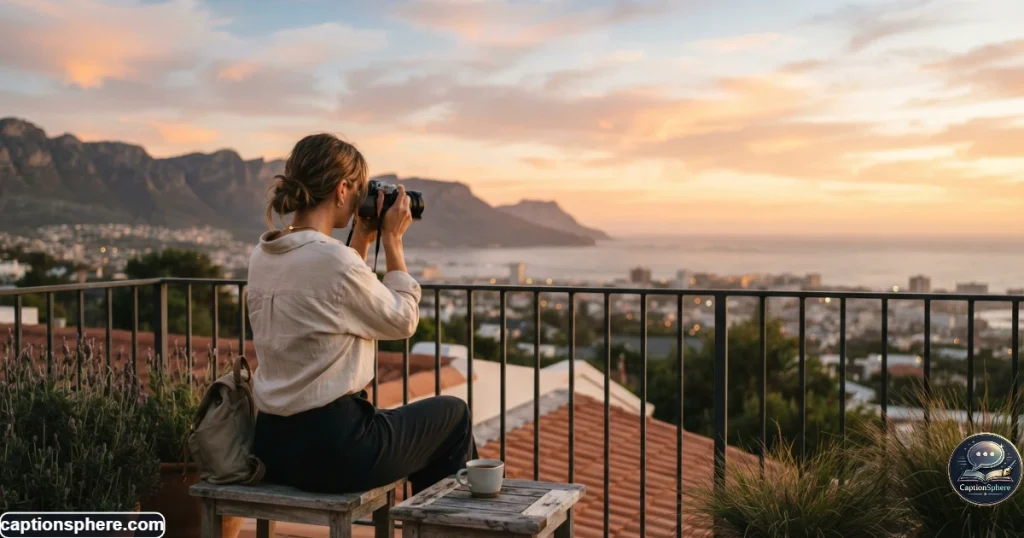 Woman photographing a dreamy sunset scene with soft natural light and minimal styling