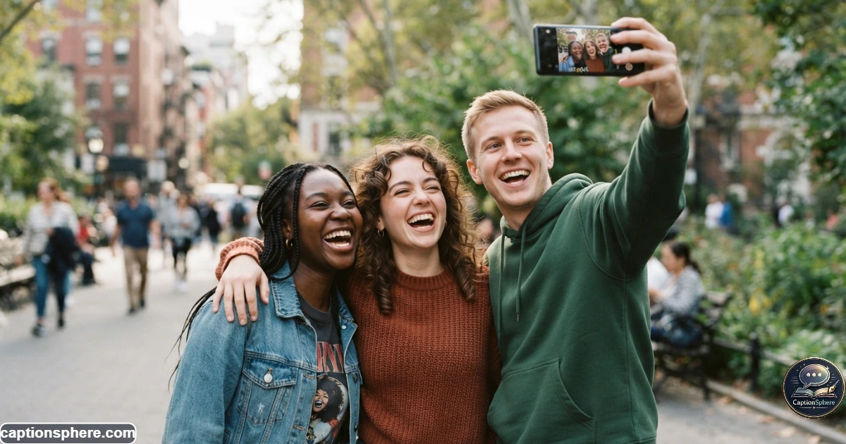 Friends laughing during a spontaneous funny selfie in a casual outdoor setting
