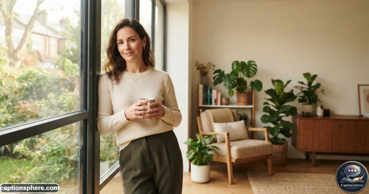Confident woman standing in soft morning light with a calm natural expression