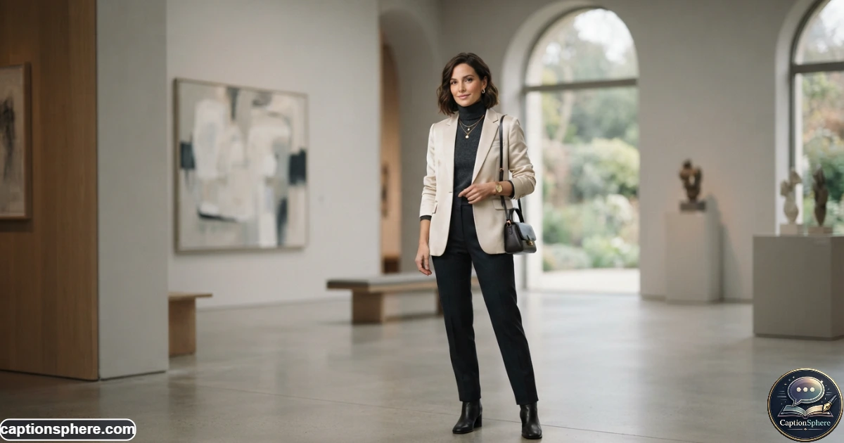 Elegant woman posing confidently in a refined modern interior