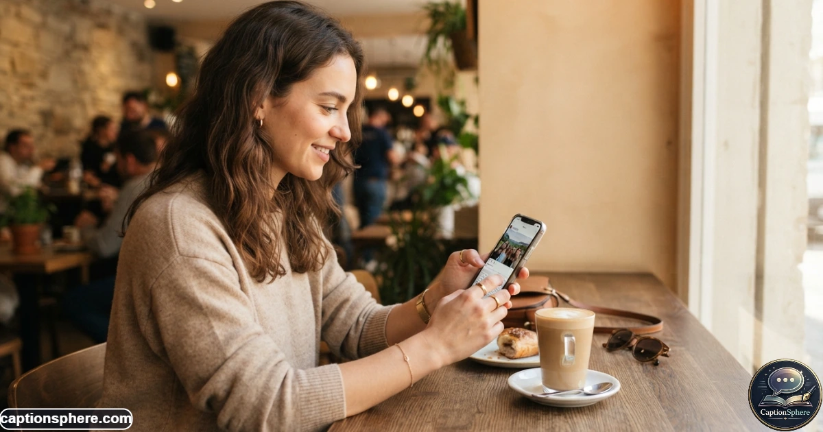 Person selecting a social media caption while viewing a photo on a smartphone