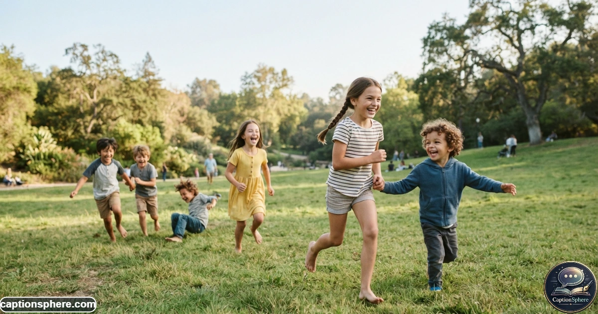 Children laughing together during carefree outdoor play in a sunny park