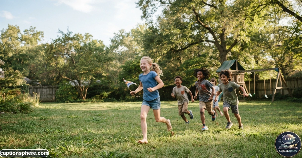 Children running and playing together in a sunny backyard with natural surroundings