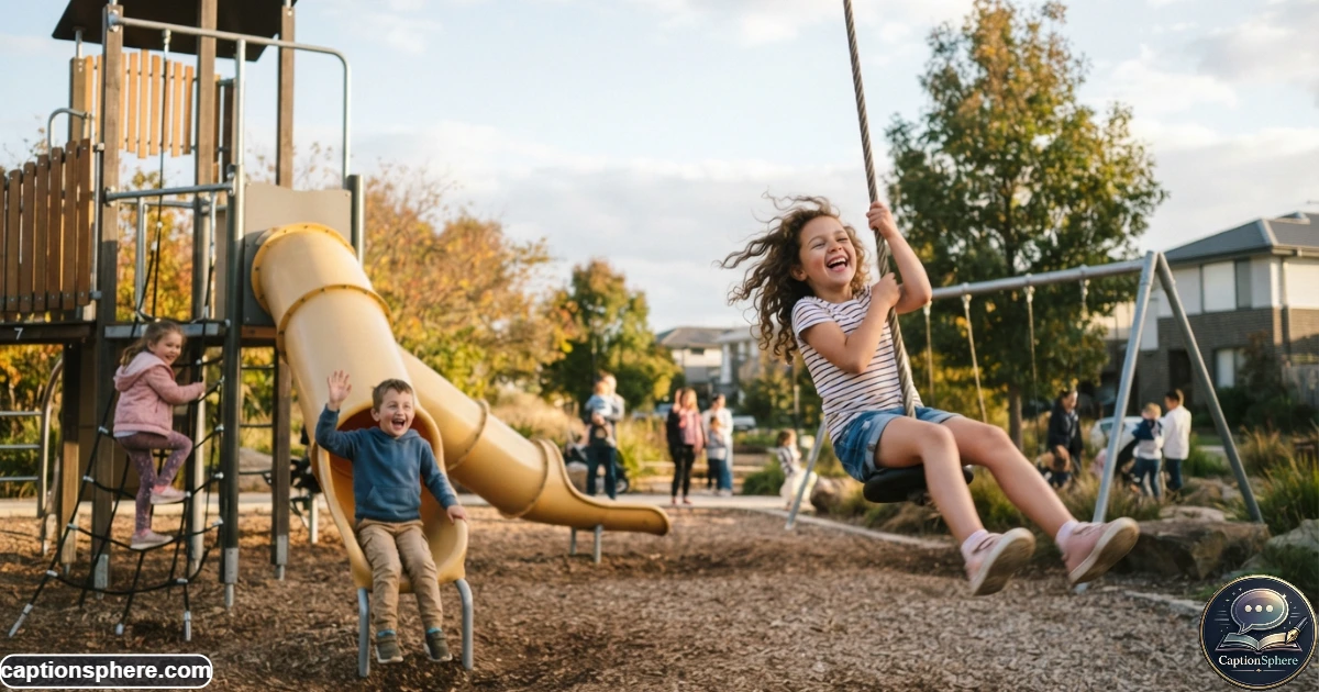Kids enjoying swings and playground equipment together on a bright afternoon