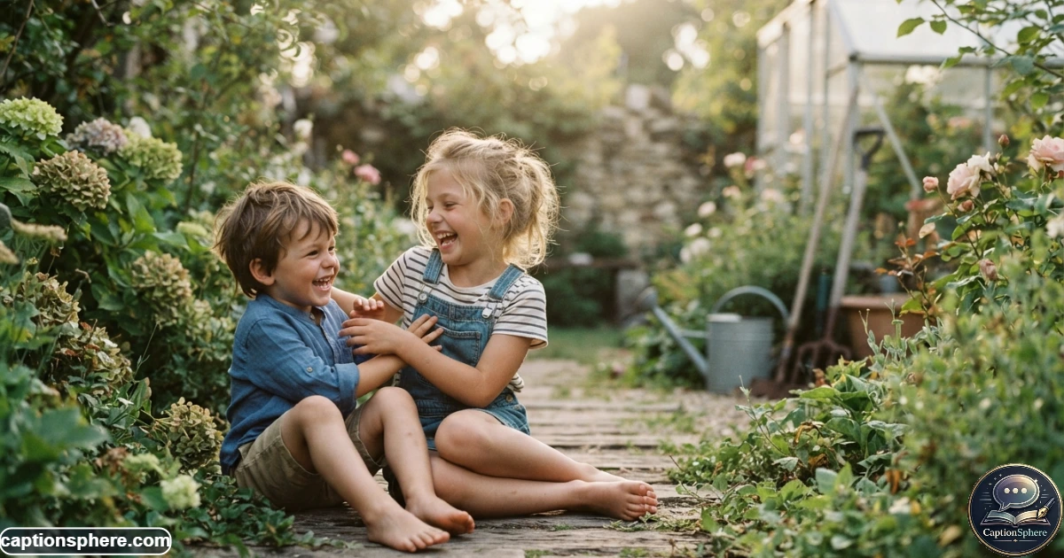 Brother and sister laughing together while playing in a sunny home garden