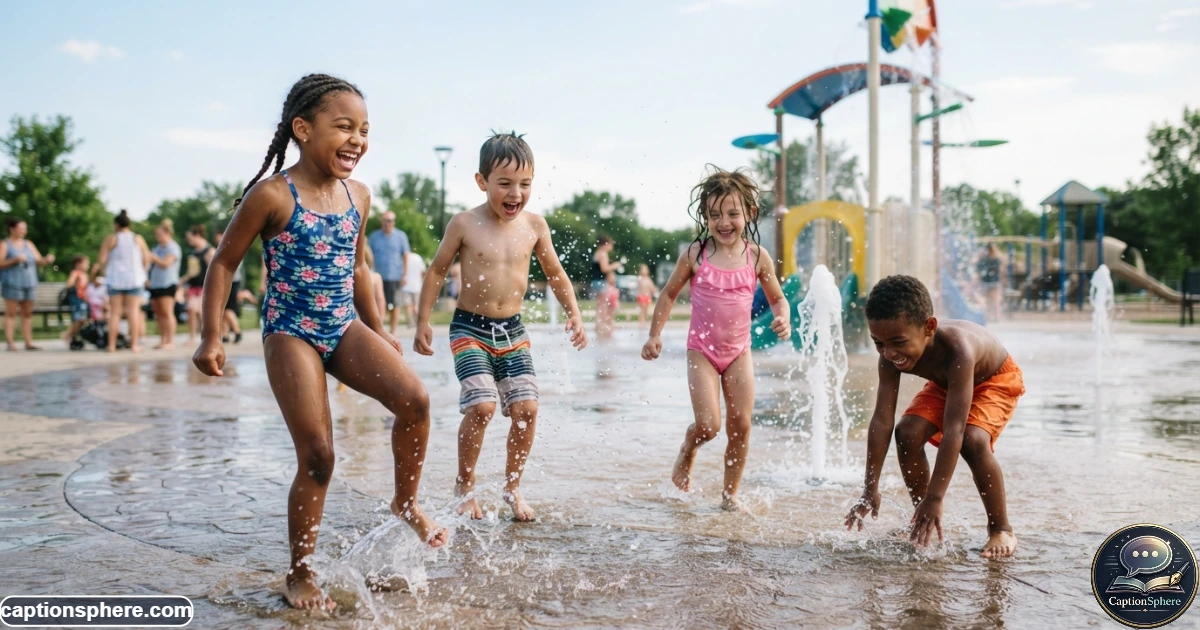 Children splashing and laughing together during a sunny summer water activity