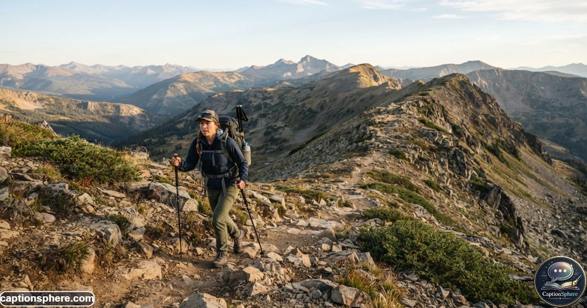 Hiker continuing uphill on a mountain trail during golden morning light