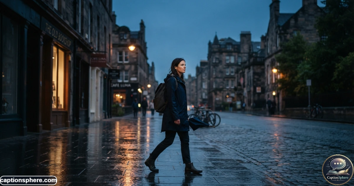 Person walking alone through a quiet rainy city street with determined posture