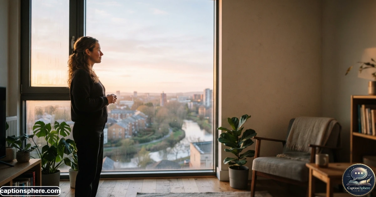 Person standing beside a window at sunrise with a calm hopeful expression
